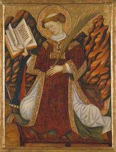 Św. Wawrzyniec Rzymski (ok. 210-258) (w stroju diakona czytającego Biblię i trzymającego dłoń męczenników, klęczącego na kratce jego męki) - Obraz Bonanata Zaortiga (czynny XV w.), tempera na desce (80 ,2x62 cm), ok. 1430 - Św. Wawrzyniec,