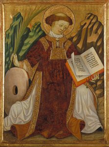 Św. Wincenty z Saragossy (IV wiek) (w stroju diakona czytającego Biblię i trzymającego dłoń męczenników, przy kamieniu młyńskim jego męki) - Obraz Bonanata Zaortiga (czynny XV w.), tempera na drewnie (80,2x61 , 5 cm), ok. 1430 - Św. Wincenty,
