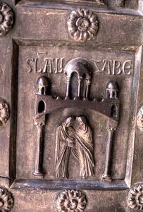 Panel przedstawiający Nawiedzenie Porta di S. Ranieri autorstwa Bonannus of Pisa
