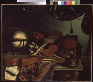 "Martwa natura z instrumentami muzycznymi"" (Martwa natura z instrumentami muzycznymi) Globus, flet, partytura, altówka, gitara. Obraz Bonaventury Bettera (1663-1718) 1715 Muzeum Puszkina, Moskwa autorstwa Bonaventura Bettera