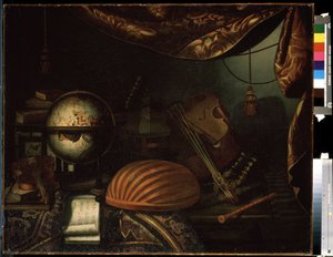 "Martwa natura z instrumentami muzycznymi"" (Martwa natura z instrumentami muzycznymi) Globus, flet, partytura, altówka, gitara. Obraz Bonaventury Bettera (1663-1718) 1715 Muzeum Puszkina, Moskwa autorstwa Bonaventura Bettera