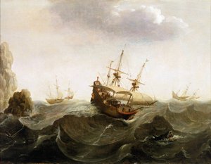 Holenderski statek handlowy płynący do Indii Wschodnich przepuszcza dwie łodzie do połowu śledzi. Obraz olejny z połowy XVII wieku autorstwa Bonaventury Peetersa (1614-1652). autorstwa Bonaventura Peeters