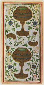 Dwójka Pucharów, faksymile karty tarota z talii „Visconti”, 1441-47 autorstwa Bonifacio Bembo