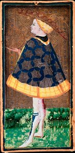 Valet de denier karta. Mapa gry Tarota wykonana przez Bonifacio Bembo (1420-1482) dla Filippo Maria Visconti, ok. 1440 r. Bergamo. Galeria Akademii Carrara autorstwa Bonifacio Bembo