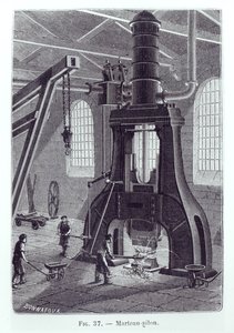 Młot mechaniczny Le Creusot, ilustracja do książki o maszynach przemysłowych, ok. 1930 r. 1880 (zdjęcie bw) autorstwa Bonnafoux