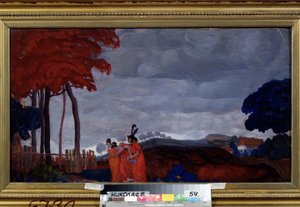 „Ból młodej dziewczyny” Dwie kobiety ubrane na czerwono otaczają trzecią, osłabioną żalem. Obraz Borisa Grigorieva (1886-1939) 1912 Regionalne Muzeum Sztuki W. Wereshchagin, Mikołajów autorstwa Boris Dmitrievich Grigoriev