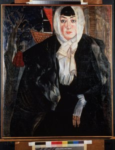 Portret kobiety (portret kobiecy). Piękna kobieta o melancholijnej twarzy, na ulicy, z głową zakrytą szalikiem, ubrana w obszerny czarny płaszcz, nonszalancko opierając się na łokciu, odsłania delikatną dłoń w białej rękawiczce. Praca Bo autorstwa Boris Dmitrievich Grigoriev