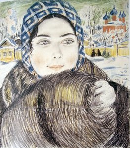 Żona młodego kupca w kraciastym szaliku par Kustodiev, Boris Michajłowicz (1878-1927) autorstwa Boris Mikhailovich Kustodiev