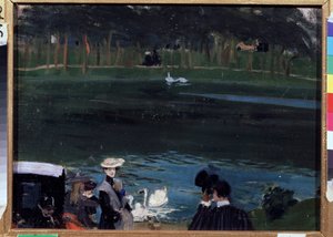 Lasek Buloński. Jezioro z łabędziami i spacerowiczami. Obraz Borisa Michaylovicha Kustodieva (Kustodiev) (1878-1927), olej na płótnie autorstwa Boris Mikhailovich Kustodiev