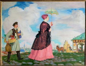 Kupiec kobieta z jej zakupami. (Kobieta kupca z zakupami). W drodze powrotnej za elegancką kobietą pod parasolem podąża urzędnik, który przewozi jej zakupy. Obraz Borisa Michaylovicha Kustodieva (Kustodiev) (1878-1927), olej autorstwa Boris Mikhailovich Kustodiev