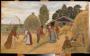 Młócenie żniwa cepem (Młócenie) - Praca Borisa Michaylovicha Kustodieva (Koustodieva) (1878-1927), pastel na tekturze, 59x100 cm autorstwa Boris Mikhailovich Kustodiev