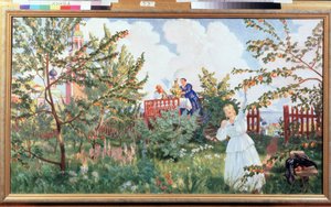 Ogród jabłkowy (Apple Garden). Kobieta w białej sukni zbiera owoc z jabłoni, na podeście, za nią para pije herbatę, siedzi przy stole z dymiącym samowarem. Praca Borisa Michaylovicha Kustodieva (Kustodiev) (1878-1 autorstwa Boris Mikhailovich Kustodiev