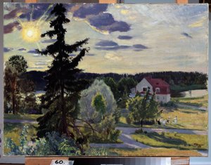 Wieczór Krajobraz. Grupa dzieci bawi się piłką na trawniku przed domem. Obraz Borisa Michaylovicha Kustodieva (Kustodiev) (1878-1927), olej na płótnie autorstwa Boris Mikhailovich Kustodiev