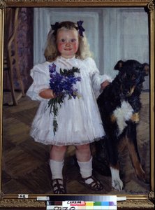 Portret Córki Iriny Z Psem Shumka. Obraz Borisa Michaylovicha Kustodieva (Kustodiev) (1878-1927), olej na płótnie autorstwa Boris Mikhailovich Kustodiev
