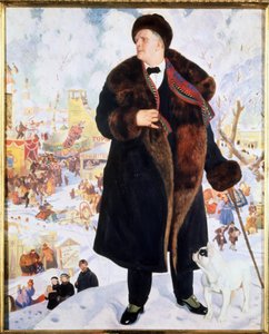 Portret piosenkarza Fiodora (Fiodora, Fedora) I. Chaliapina (Chaliapin) (1873-1938) (Portret piosenkarza F.I.Shalyapina). W futrze i czapce, w towarzystwie wpatrującego się w niego buldoga, piosenkarka dumnie stoi przed animacjami autorstwa Boris Mikhailovich Kustodiev