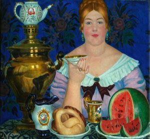 Żona kupców pijąca herbatę, 1923 autorstwa Boris Mikhailovich Kustodiev