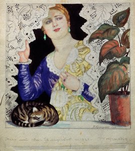 Une femme russe a sa fenetre (Rosyjska dziewczyna przy oknie). Jasnowłosa, zadbana kobieta (sukienka, biżuteria, szal i urok) odsuwa z okna koronkową zasłonę. Na półce toczy się w kłębek zielona roślina i kot. Praca Borisa Michajłowicza Kus autorstwa Boris Mikhailovich Kustodiev