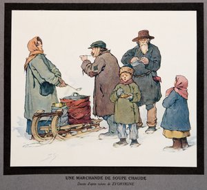 Sprzedawca gorących zup, z Histoire des Soviets, wyd. 1922 (kolor lito) autorstwa Boris Vasilievich Zvorykin