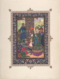 Ilustracja do baśni Iwana Carewicza, Ognistego Ptaka i Szarego Wilka 1925 autorstwa Boris Vasilievich Zvorykin