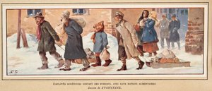 Robotnicy radzieccy opuszczający biuro z racjami żywnościowymi, z Histoire des Soviets, pub. 1922 (kolor lito) autorstwa Boris Vasilievich Zvorykin