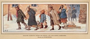 Robotnicy radzieccy opuszczający biuro z racjami żywnościowymi, z Histoire des Soviets, pub. 1922 (kolor lito) autorstwa Boris Vasilievich Zvorykin