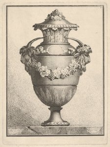 Projekt na zakryty wazon z dwiema kozimi głowami i girlandą, 1764 r. autorstwa Bossi