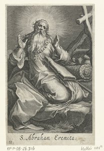Święty Abraham z Edessy jako pustelnik S. Abraham Eremita (tytuł na obiekcie) Pustelnicy (tytuł serii) Sacra eremvs ascetarvm (tytuł serii) autorstwa Boëtius Adamsz. Bolswert