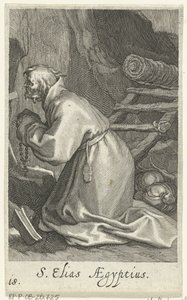 Święty Eliasz z Cezarei jako pustelnik S. Elias Aegyptius (tytuł na obiekcie) Pustelnicy (tytuł serii) Sacra eremvs ascetarvm (tytuł serii) autorstwa Boëtius Adamsz. Bolswert