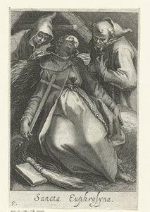 Święta Eufrosina Aleksandryjska jako pustelnik Sancta Euphrosyna (tytuł na obiekcie) Pustelnicy (tytuł serii) Sacra Eremus Ascetriarum (tytuł serii) autorstwa Boëtius Adamsz. Bolswert