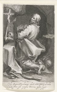 Heilige Jacobus van Nisibis als kluizenaar Cede sapor Nysibaenus (...) Persica ucieka z obozu (tytuł na obiekcie) Kluizenaars (tytuł serii) Przy świętym lustrze (...) uskrzydla ojcom (tytuł serii) autorstwa Boëtius Adamsz. Bolswert