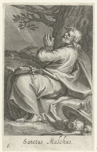 Św. Malchus z Chalkis jako pustelnik Sanctus Malchus (tytuł na obiekcie) Pustelnicy (tytuł serii) Sacra eremvs ascetarvm (tytuł serii) autorstwa Boëtius Adamsz. Bolswert