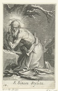Św. Symeon Słupnik Starszy jako pustelnik S. Simeon Stylita (tytuł na obiekcie) Pustelnicy (tytuł serii) Sacra eremvs ascetarvm (tytuł serii) autorstwa Boëtius Adamsz. Bolswert