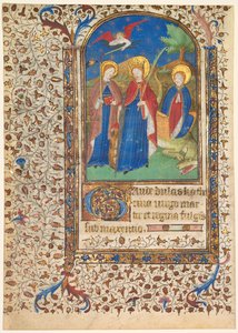 Kartka z Księgi Godzin: św. Geneviève, Katarzyna Aleksandryjska i Margaret recto..., c. 1415 autorstwa Boucicaut Master