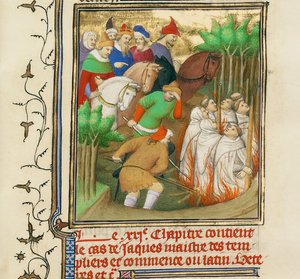 Templariusze spaleni w obecności Filipa Pięknego i jego dworzan, ok. 1413-1415 autorstwa Boucicaut Master,