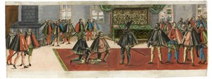 Pasowanie na rycerza. Z opisu Schludny z jakimi dostojnymi obrzędami..., 1587. autorstwa Boys