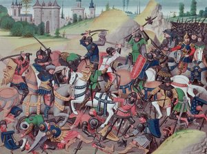 Ms 5089-90 Bitwa między Saracenami a chrześcijanami podczas wypraw krzyżowych, z Chroniques des empereurs autorstwa Davida Auberta, 1462