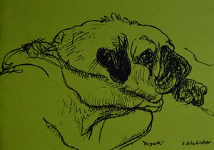 „Hogarth” (tusz na zielonym papierze) autorstwa Brenda Brin Booker