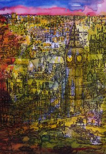 Londyn, Westminster (pióro i atrament z toaletą na papierze) autorstwa Brenda Brin Booker