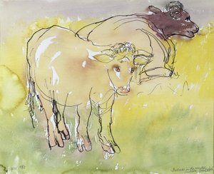 Young Bullocks in the Meadow, 1983 (pióro i atrament z toaletą na papierze) autorstwa Brenda Brin Booker