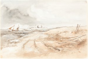 Scena brzegowa z łodziami w wzburzonej wodzie autorstwa British 19th Century