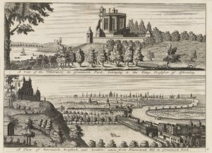 "Widok na obserwatorium w Greenwich Park...[oraz] Widok na Deptford i Londyn z Flamsteed Hill w Greenwich Park", ok. 1750 r. (rycina) autorstwa British School