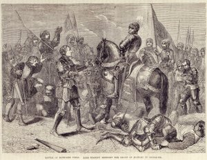 Bitwa pod Bosworth. Lord Stanley sprowadza koronę Ryszarda III do Richmond (1485): koniec Wojny Dwóch Róż - w „”Ilustrowanej historii Anglii Cassella”, tom. II, autorstwa Williama Howitta autorstwa British School