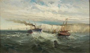 Przełamujące fale na białych klifach w Dover (olej na płótnie) autorstwa British School