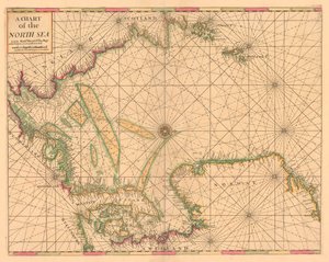 Mapa Morza Północnego: Norwegia do Cieśniny Dover, ok. 1700 r. (kolorowa rycina) autorstwa British School