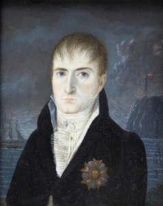 Cesarz na wyspie Sainte-Helene - Portret cesarza Napoleona I z odkrytą głową, w czarnym płaszczu, noszącego dużą tabliczkę z orłem Orderu Legii Honorowej - Portret Napoleona Bonaparte na wyspie Świętej Heleny autorstwa kapitana Dodgina (czynny autorstwa British School