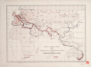 Ogólna mapa linii telegraficznych między Europą, Indiami, Australią i Chinami autorstwa British School