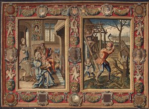 Styczeń i luty: „Para przy ognisku i drwal”” Gobelin manufaktur Mortlake. Geny z XVII wieku, Musei di Strada Nuova autorstwa British School