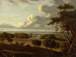 Krajobraz w pobliżu Wybrzeża (widok posiadłości z morzem w oddali) (olej na płótnie) autorstwa British School