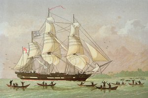 Statek misyjny „Duff” przybywający do Otaheite na Morzu Południowym, opublikowany przez Kronheim & Co. (kolor lito) autorstwa British School
