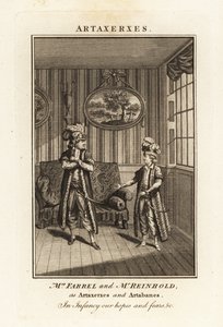 Pani Margaret Farrel i Pan Charles Frederick Reinhold w strojach perskich jako Artakserkses i Artabanes w operze Artakserkses Thomasa Arne autorstwa British School